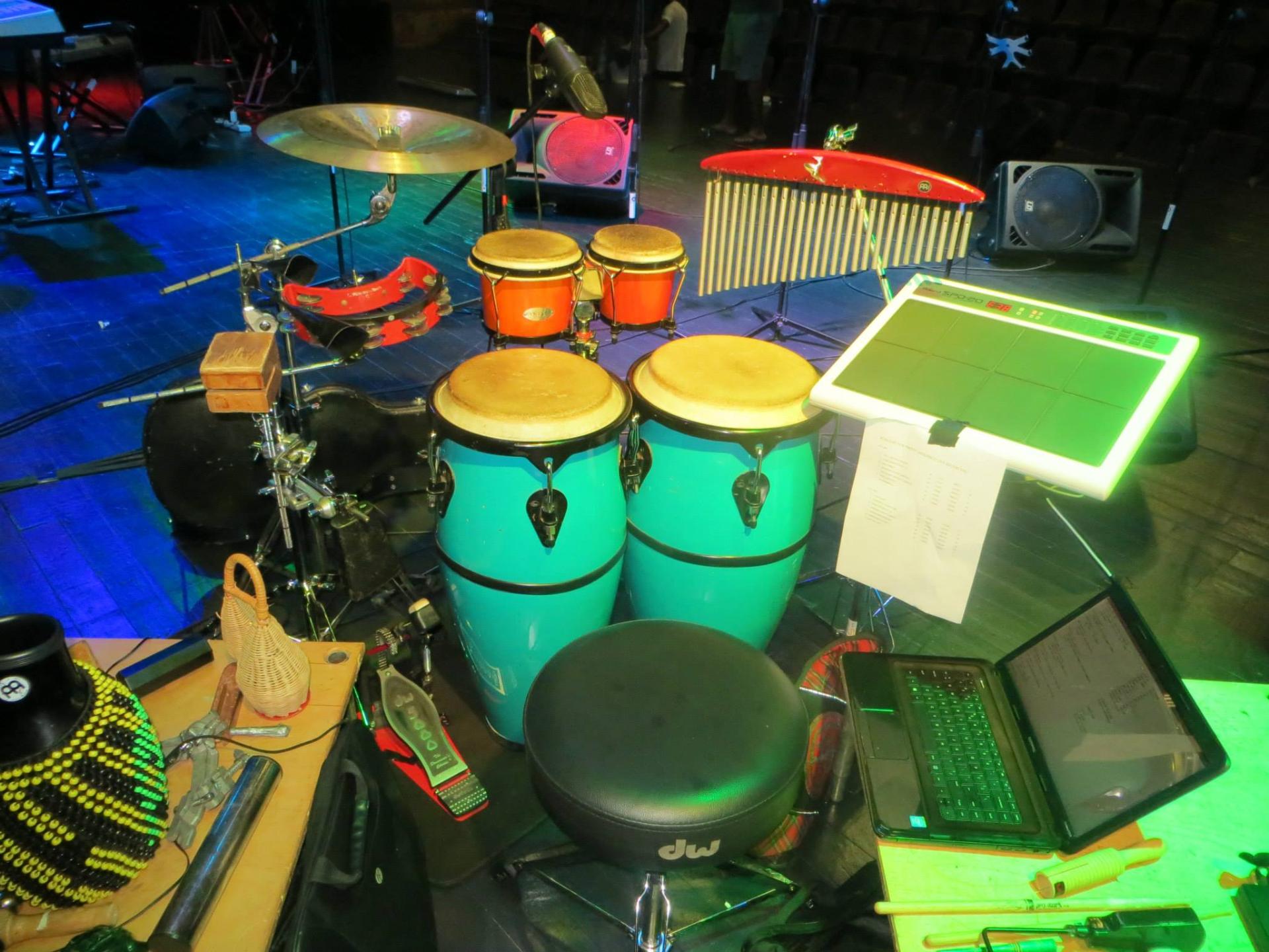 Detailed view of a multi-percussion stage rig